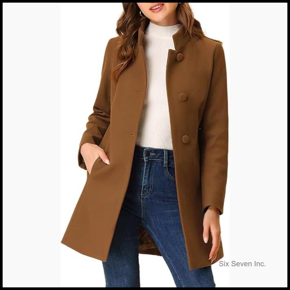 Women's Wool Pea Coat Stand Collar Single Breasted Slim Fit Blazer - Picture 1 of 3